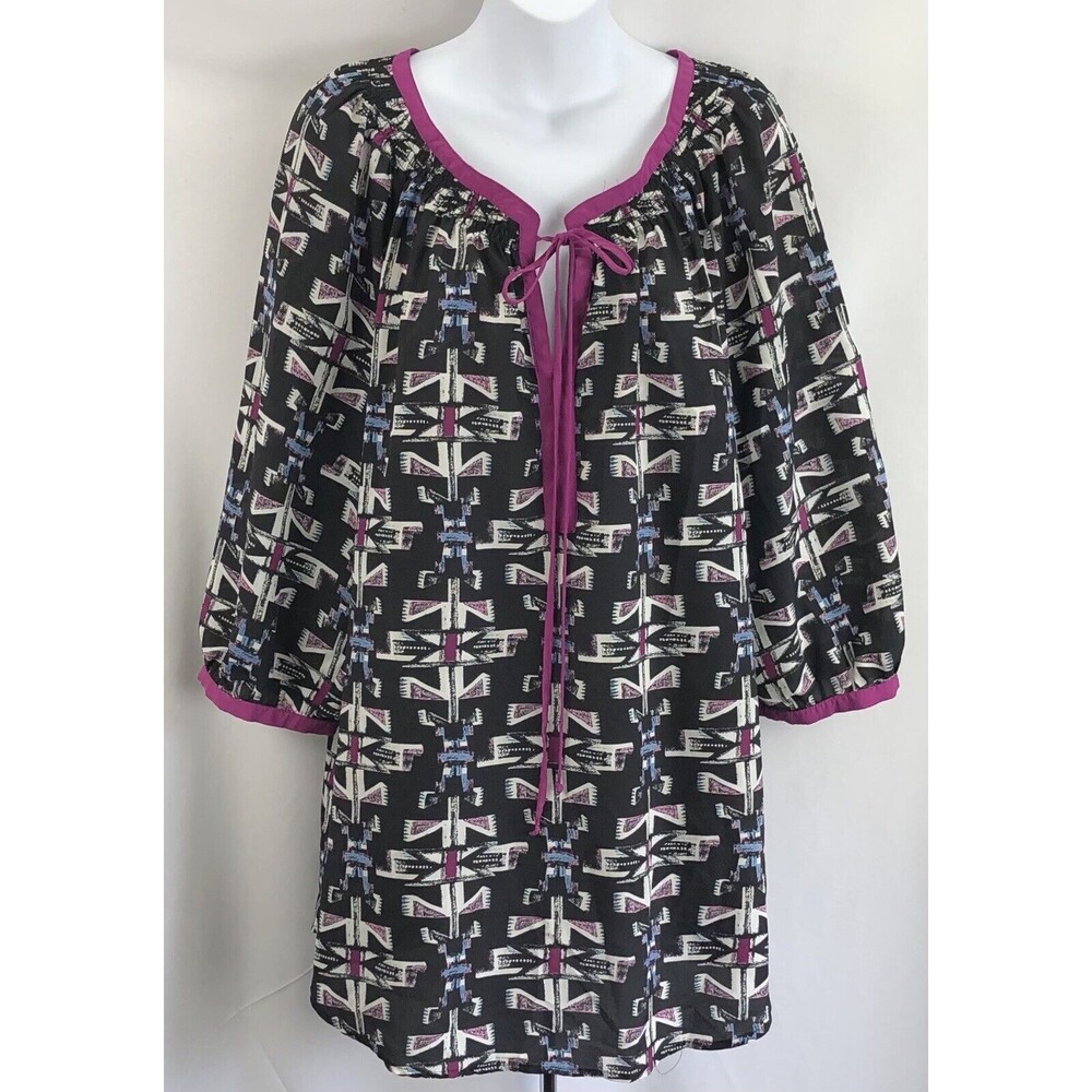 Daniel Rainn Flowy Top 2X Blk Purple Geo Abstract Tie KeyHole 3/4 Sleeve Smocked